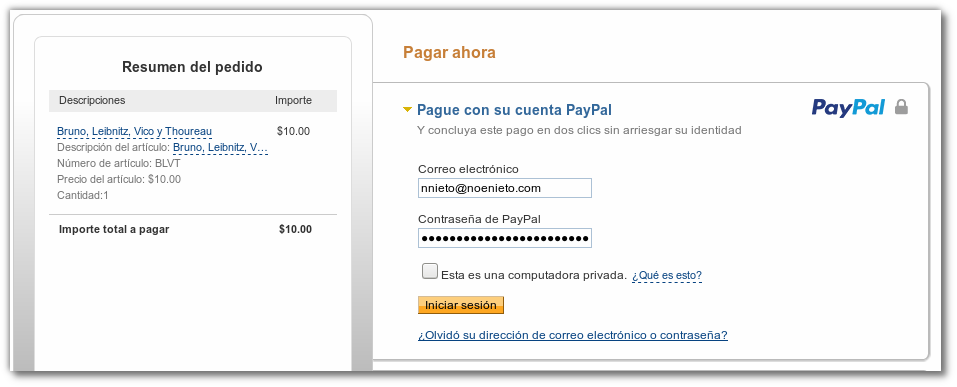 Hay que usar alguna cuenta creada en la consola de pruebas de Paypal.